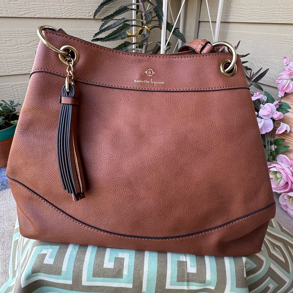 Nanette Lepore Pebbled Leather Tassel Tote Brown Boho Chic Animal Print Classic